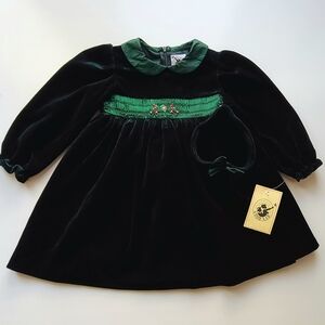 ❤️ ~Vintage~ 90s Green Velvet Smocked Dress With Headband/Bow Party Holiday 3T